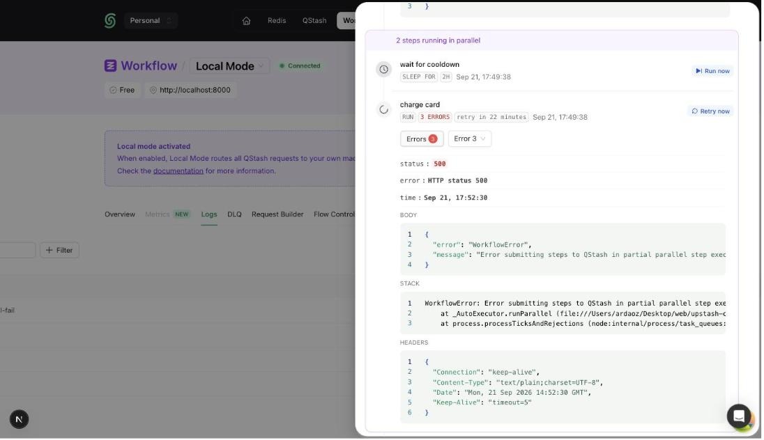 Run now and Retry now buttons on workflow steps in the Upstash Console