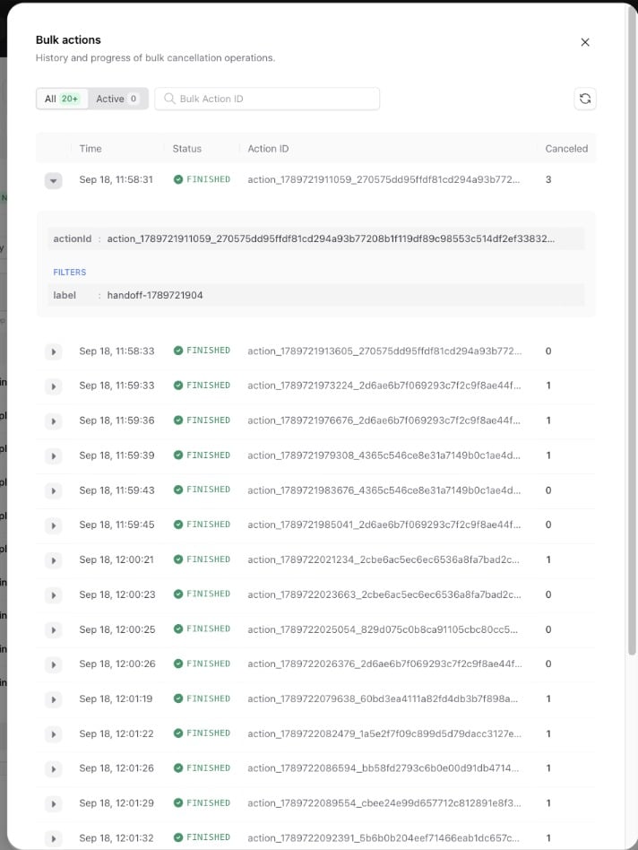 Bulk action history panel in the Upstash Console