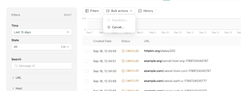 Bulk actions menu in the QStash logs