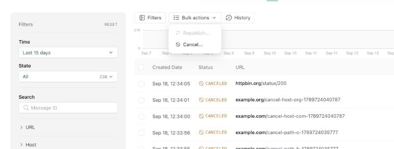 Bulk actions menu in the QStash logs