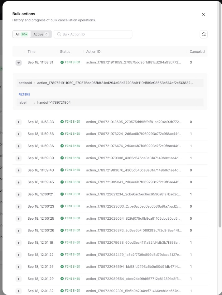 Bulk action history in the QStash logs
