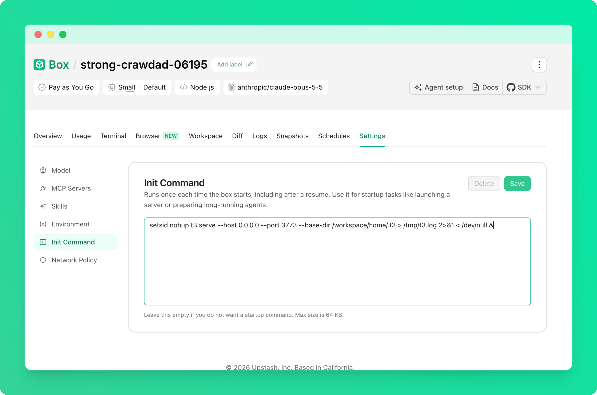 T3 Code init command in the Upstash Console