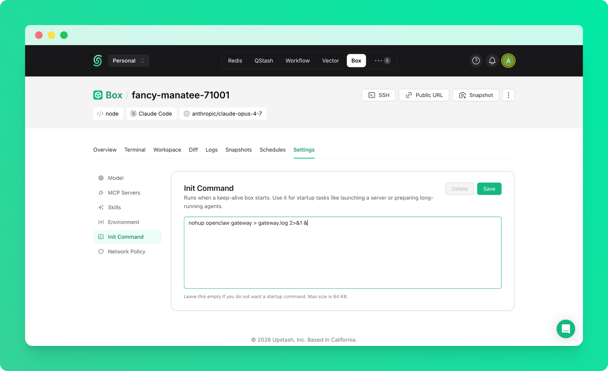 OpenClaw init script in the Upstash Console