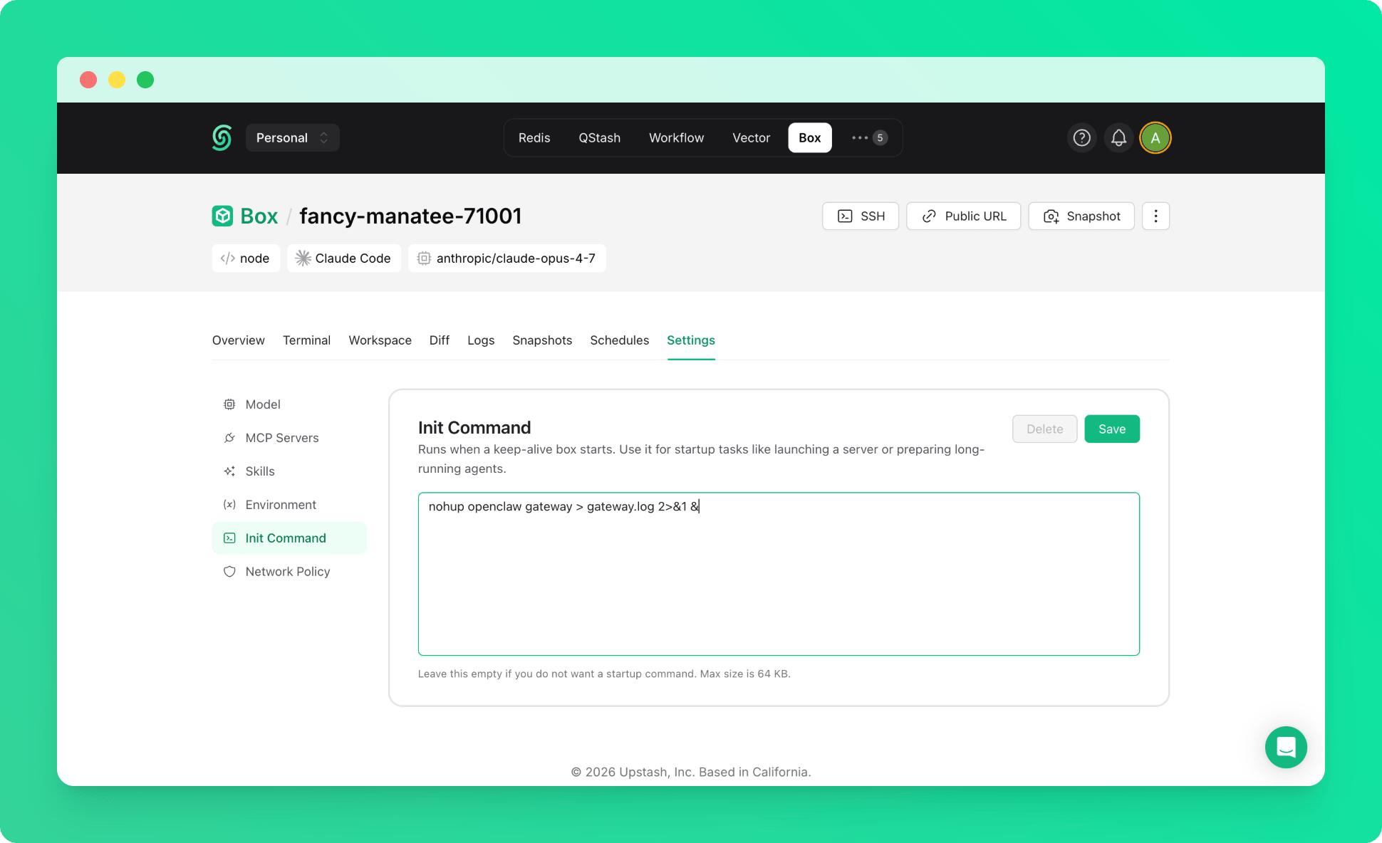 OpenClaw init script in the Upstash Console