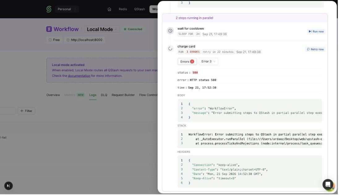 Run now and Retry now buttons on workflow steps in the Upstash Console