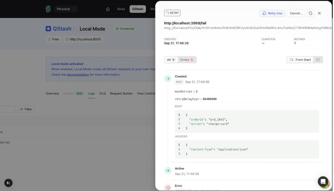 Retry now button on a retrying message in the Upstash Console