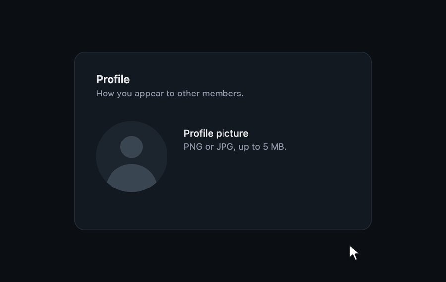 Click the avatar, pick a photo, watch it upload, then remove it