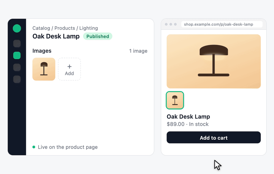 Add three images in the admin panel, watch them upload in parallel and appear on the product page as each finishes, then remove one from both