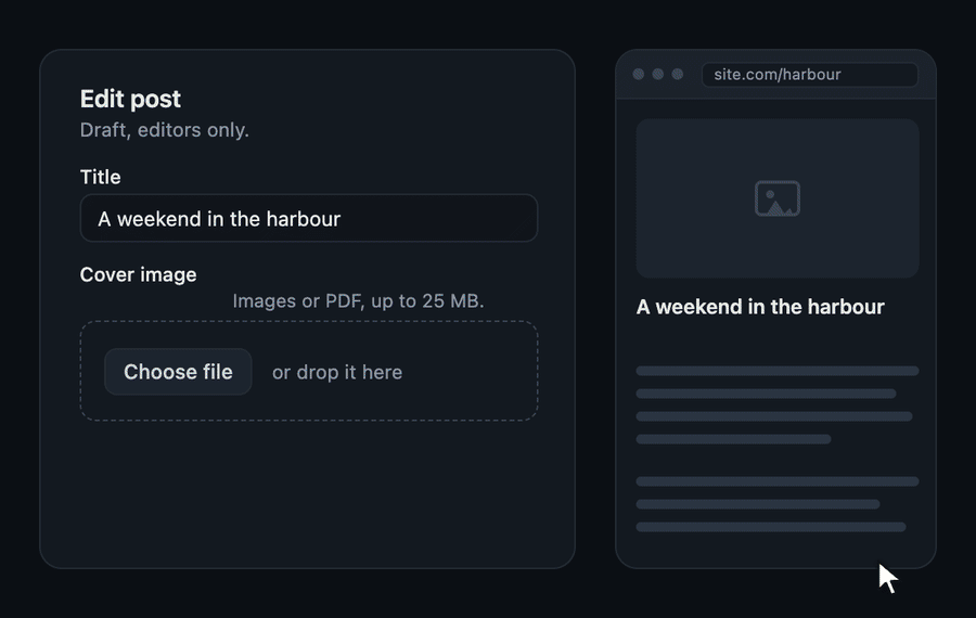 Choose a cover image in the admin form, watch it upload, fill in the alt text and save, then replace it and see the site preview update on a new path