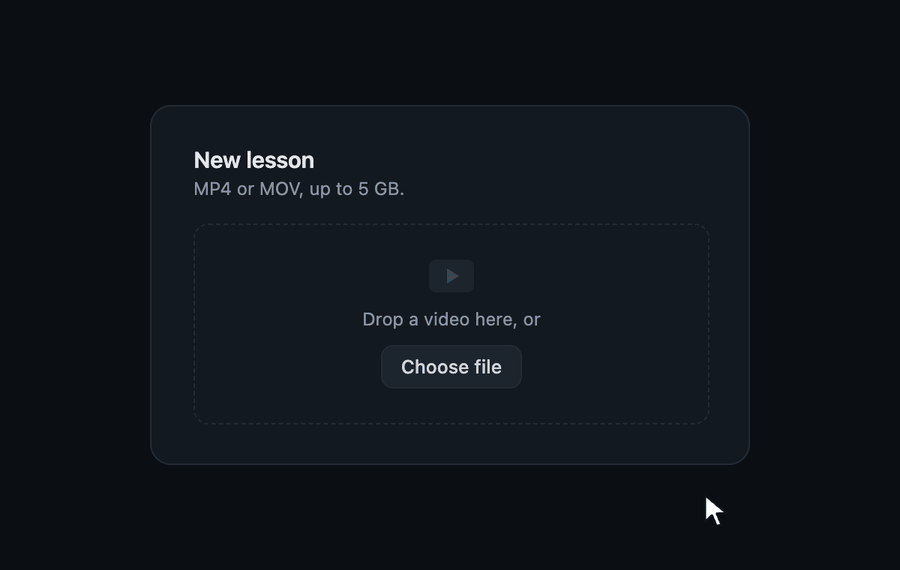 Pick a 1.2 GB video, watch four parts upload at once, pause and resume, close the tab and pick the same file to continue from the parts that landed, then play it back