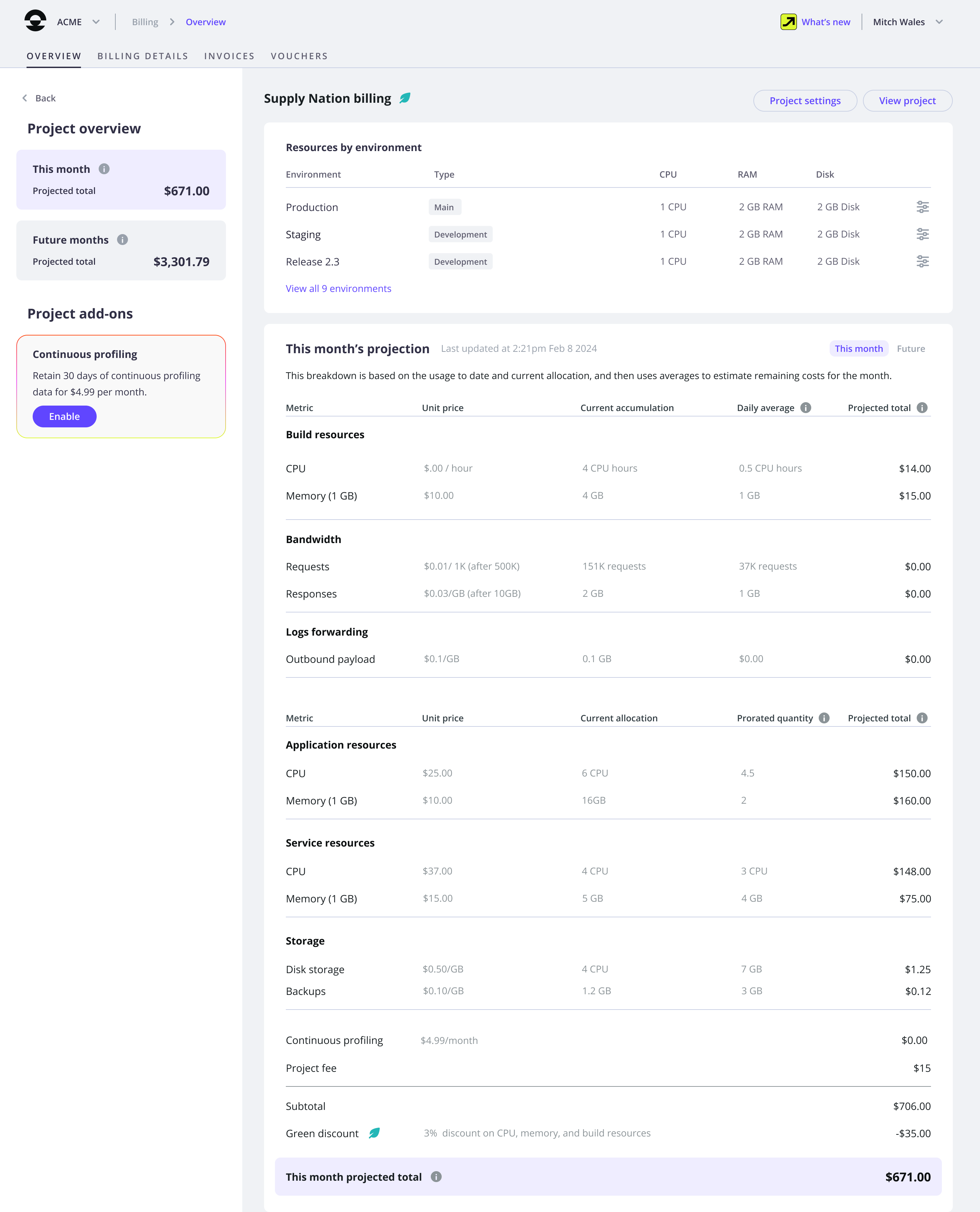 Project billing information in the Overview tab