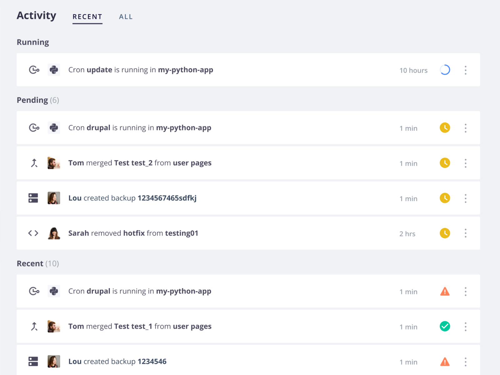 An activity feed within an environment
