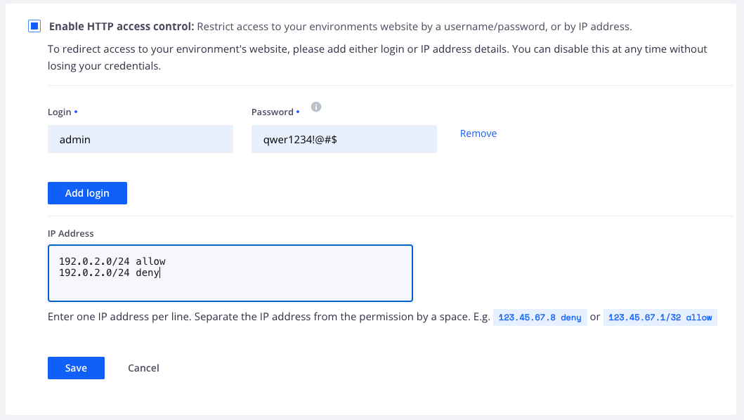 Settings control access with password and by IP