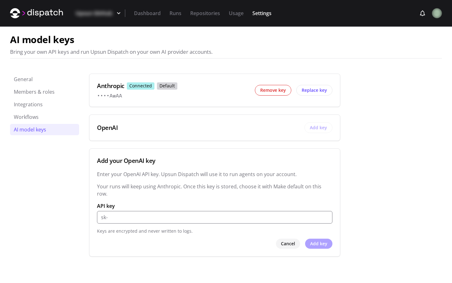 AI model keys settings showing Anthropic as the default integration and the OpenAI key form.