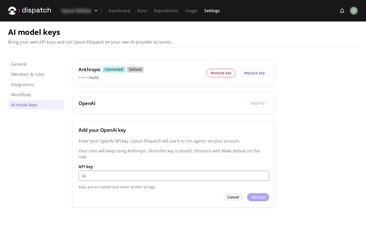 AI model keys settings showing Anthropic as the default integration and the OpenAI key form.