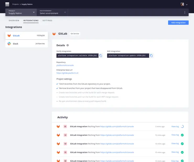 Screenshot of Platform.sh integrations activities in web console.