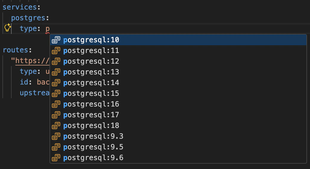 Example of a service.type autocomplete in VSCode