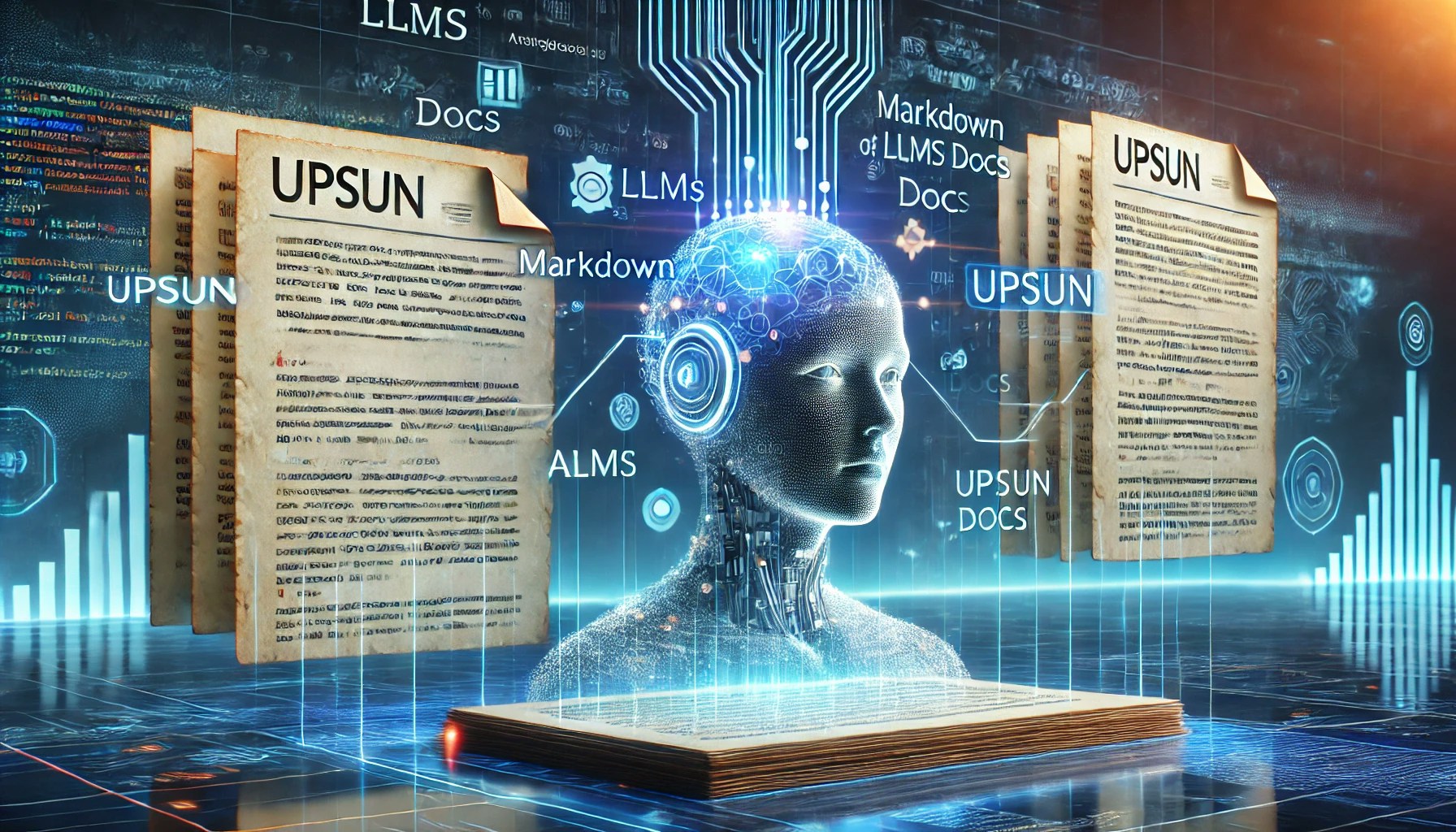 Main image showing an AI analysing Markdown files