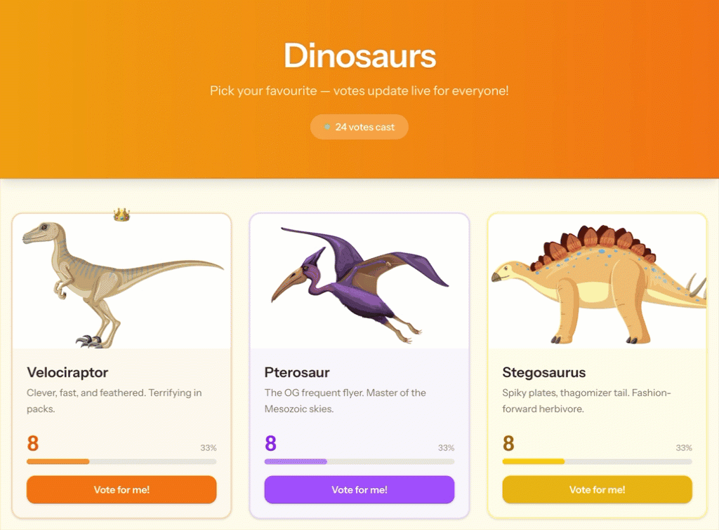 Dinosaurs voting app with live vote counts updating across browsers
