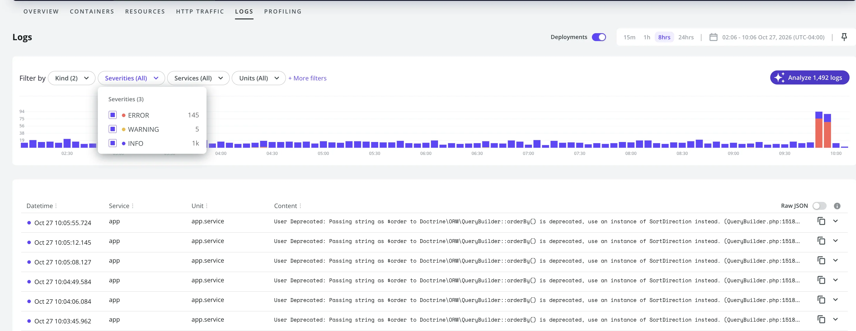 Log Explorer with filters applied