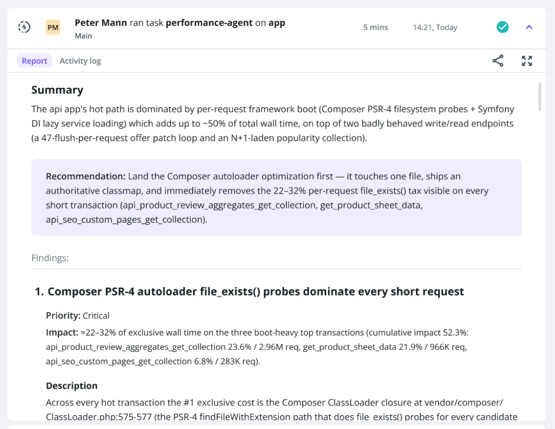 Upsun Cloud performance-agent task report showing a summary, a recommendation, and a ranked list of findings