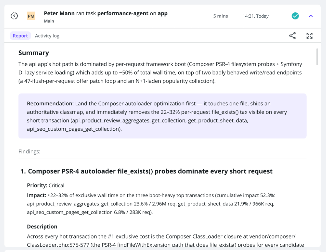 Upsun Cloud performance-agent task report showing a summary, a recommendation, and a ranked list of findings