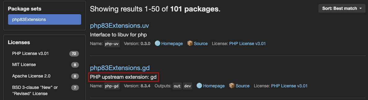Screenshot of an upstream extension value shown in the NixOS search