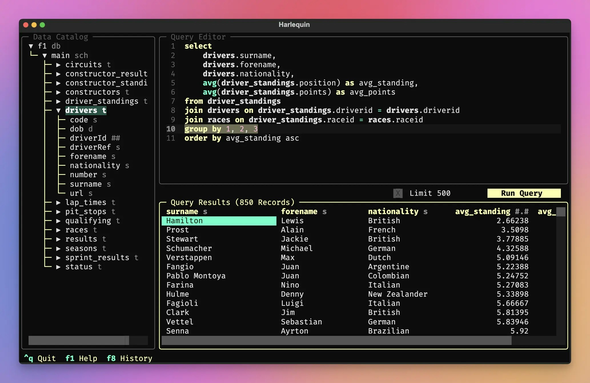 Harlequin's interface showing the data catalog, query editor, and results pane
