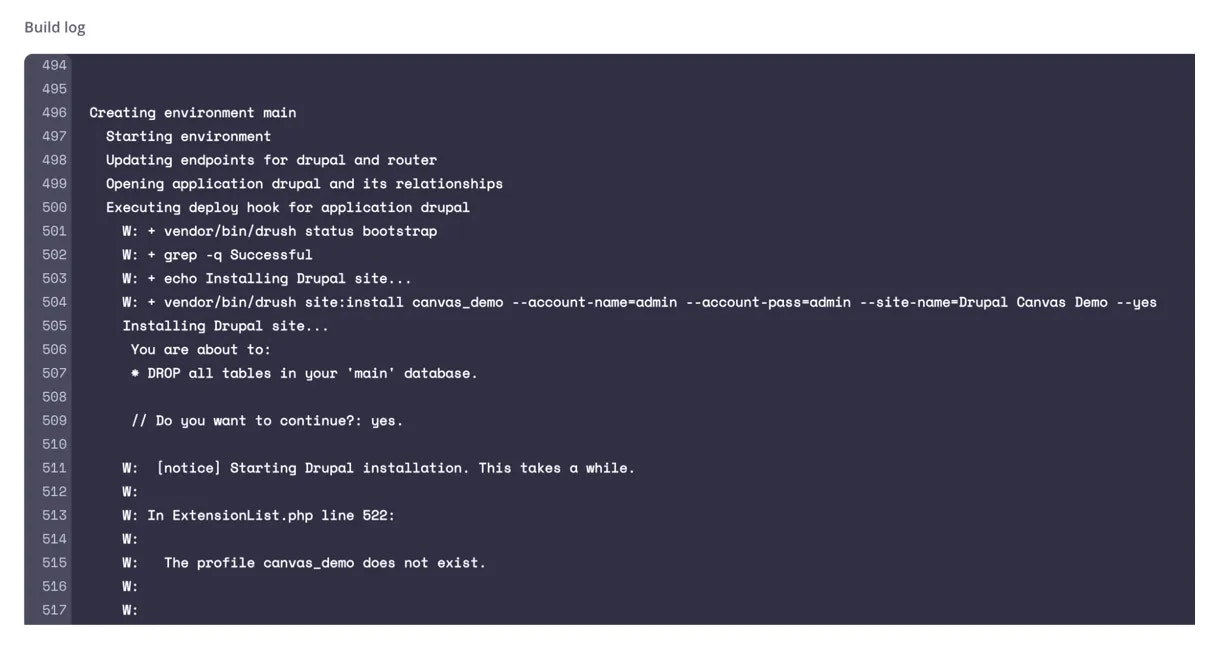 Platform.sh build log showing “The profile canvas_demo does not exist” error