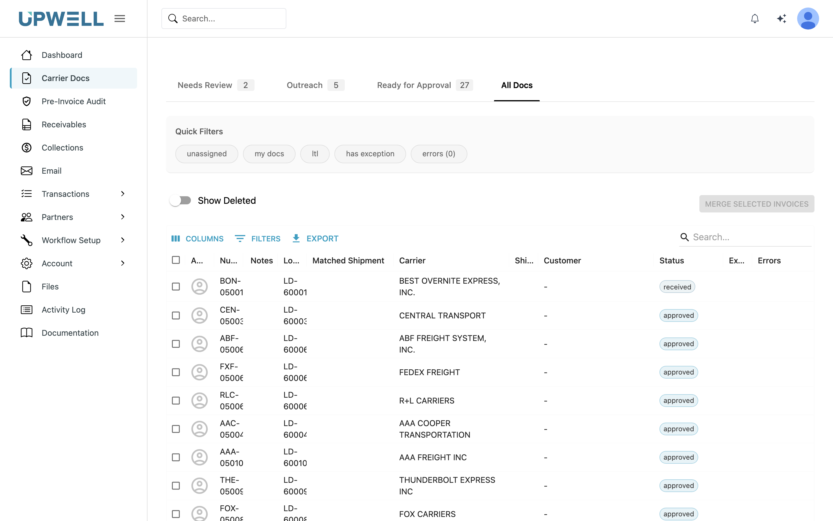 The Upwell carrier document queue, listing ingested carrier documents with their status, carrier, and matched load