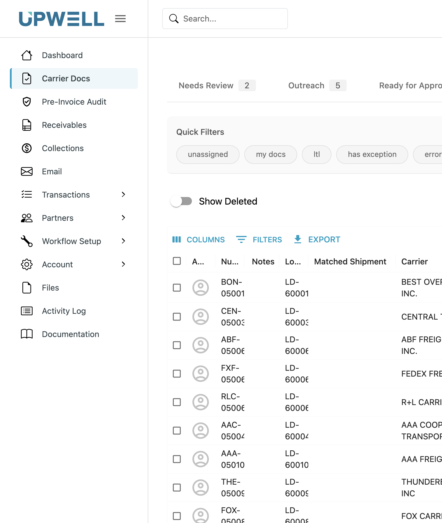 The Upwell sidebar expanded next to a list view, showing the main destinations and the expandable sections