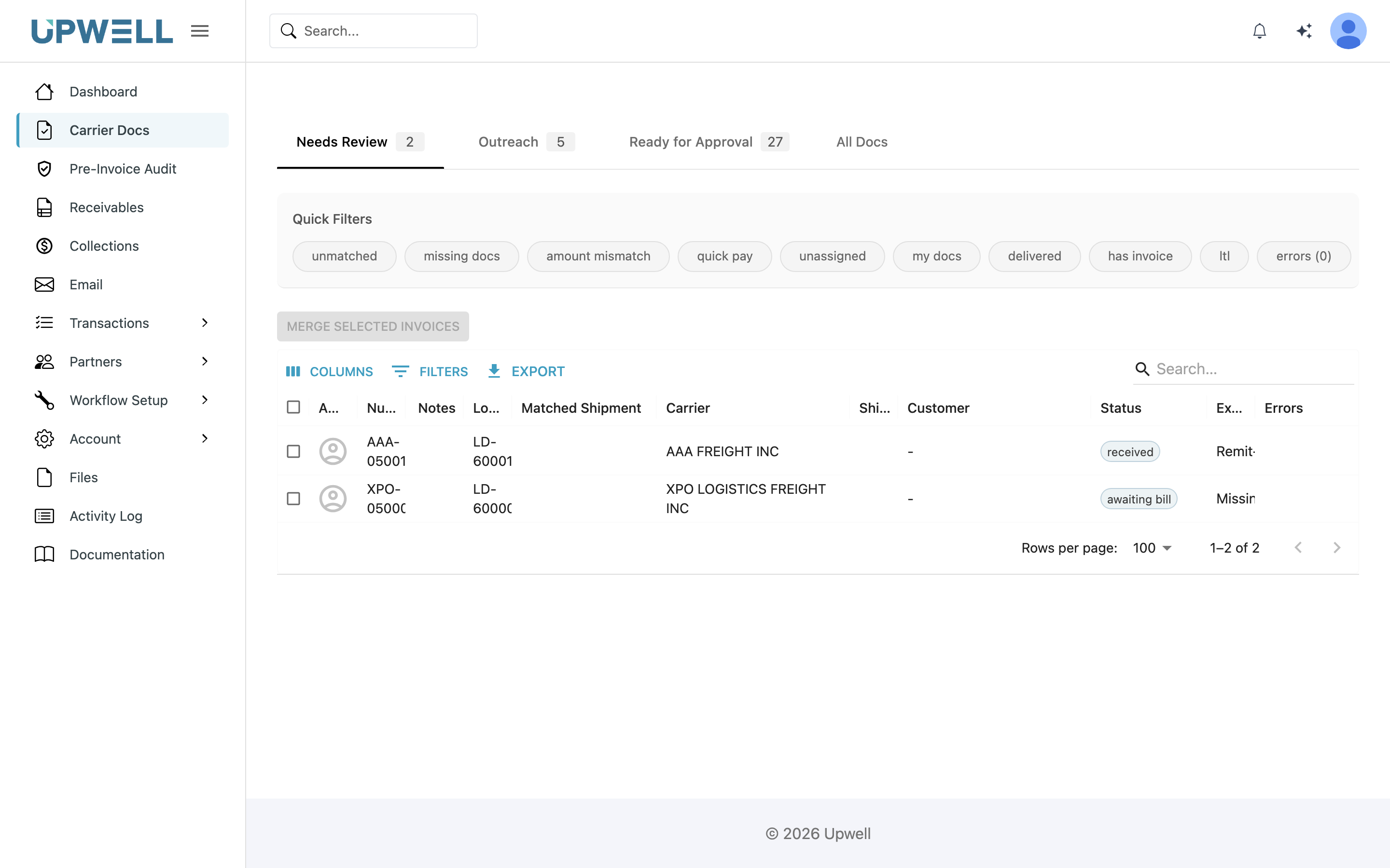 The Needs Review tab of the carrier docs screen, showing invoices held by an open exception