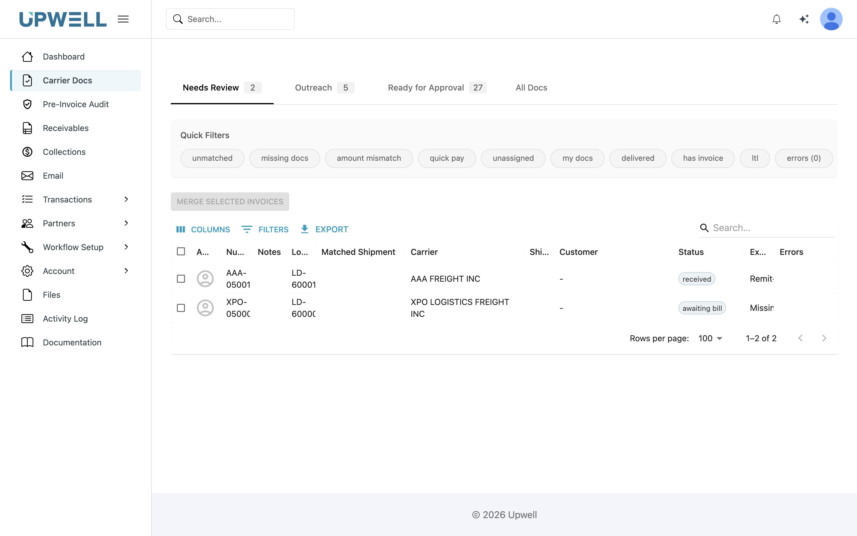 The Needs Review tab of the carrier docs screen, showing invoices held by an open exception