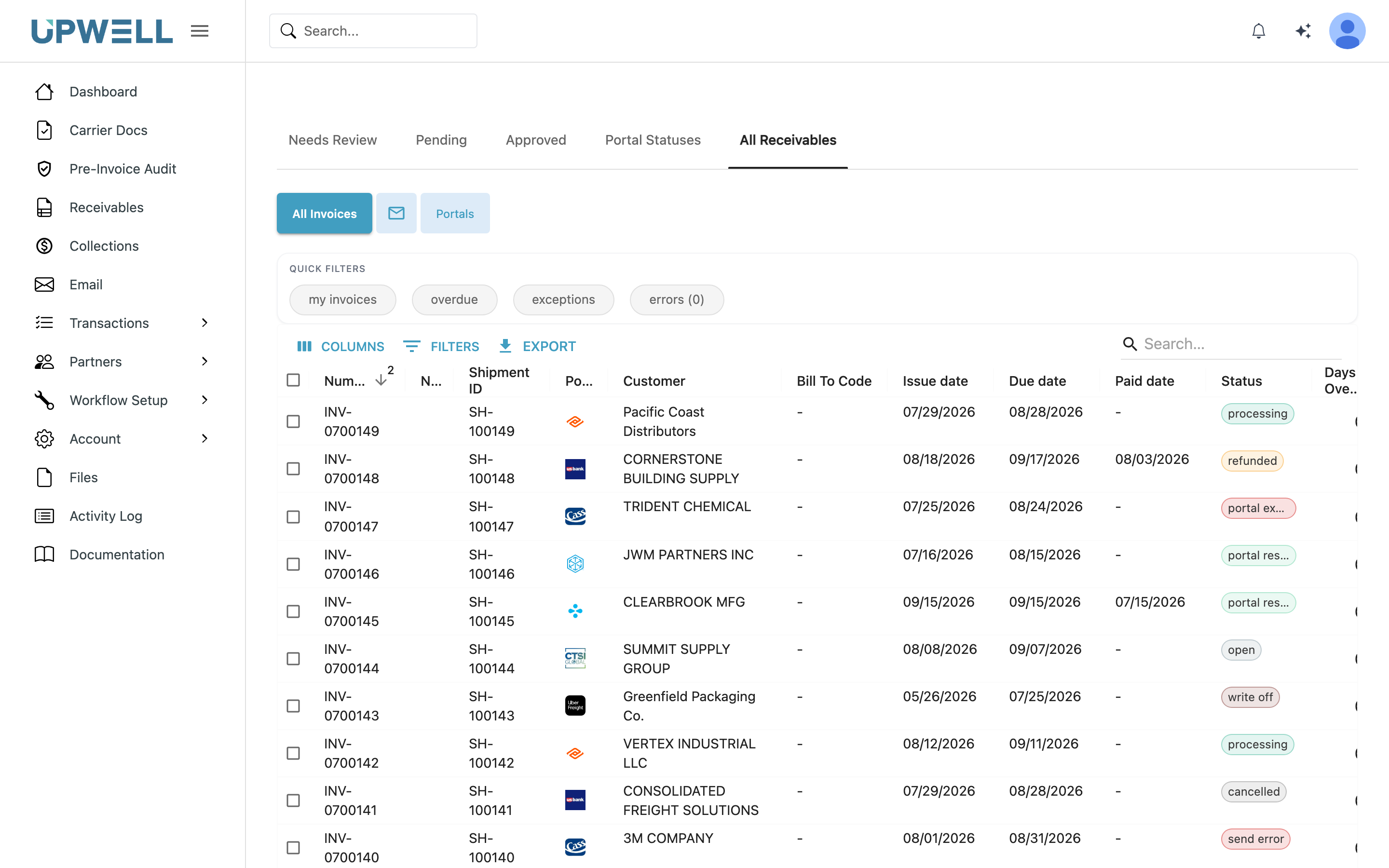 The All Receivables tab listing customer invoices with issue and due dates, delivery portal, and status