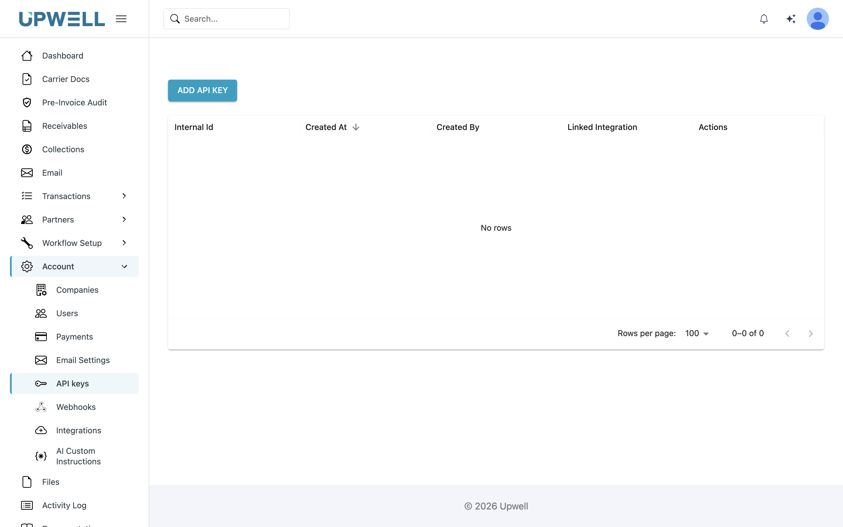 The API keys page under Account, with the Add API Key button above an empty list of keys
