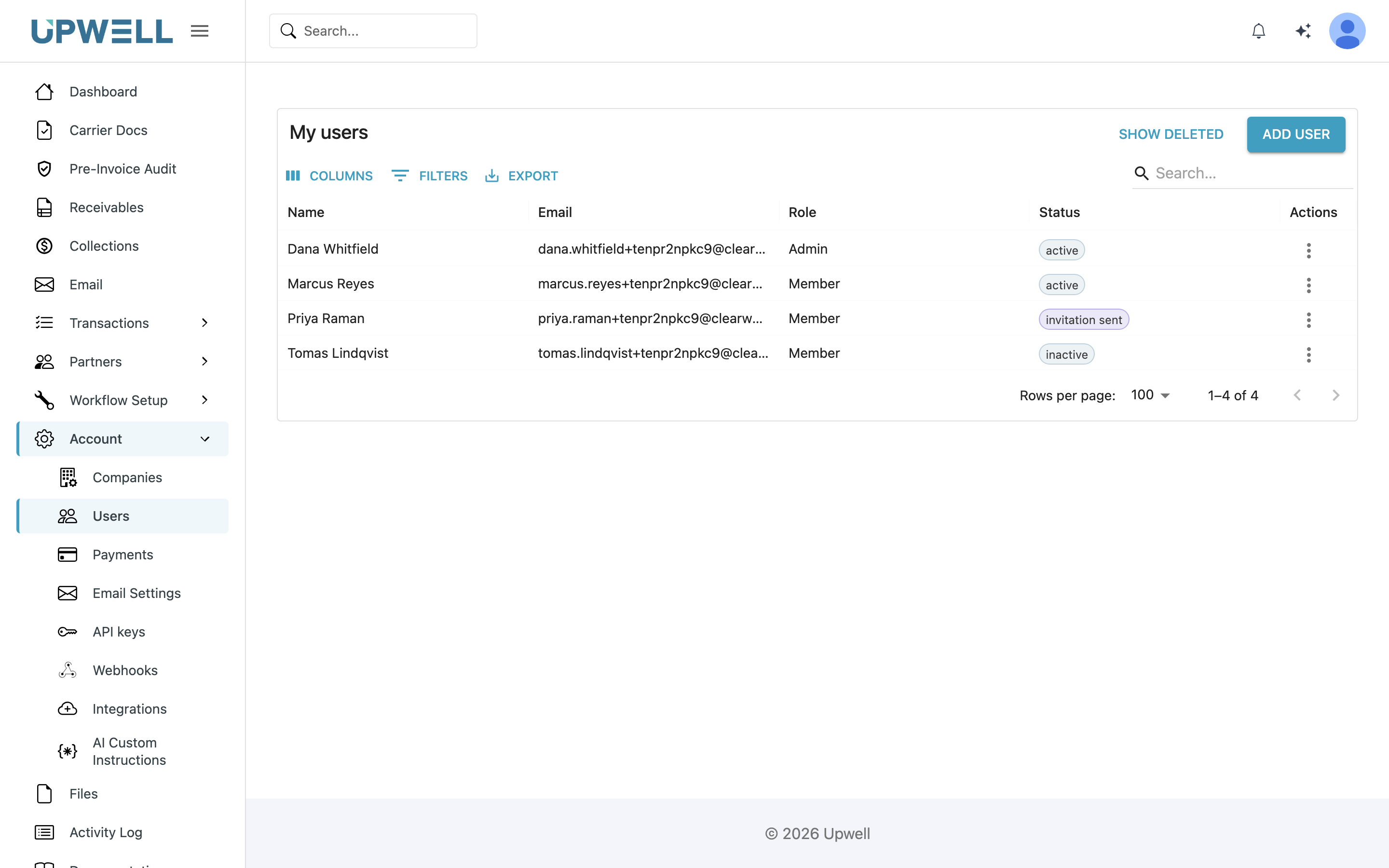 The Users page under Account, listing members with their role and status