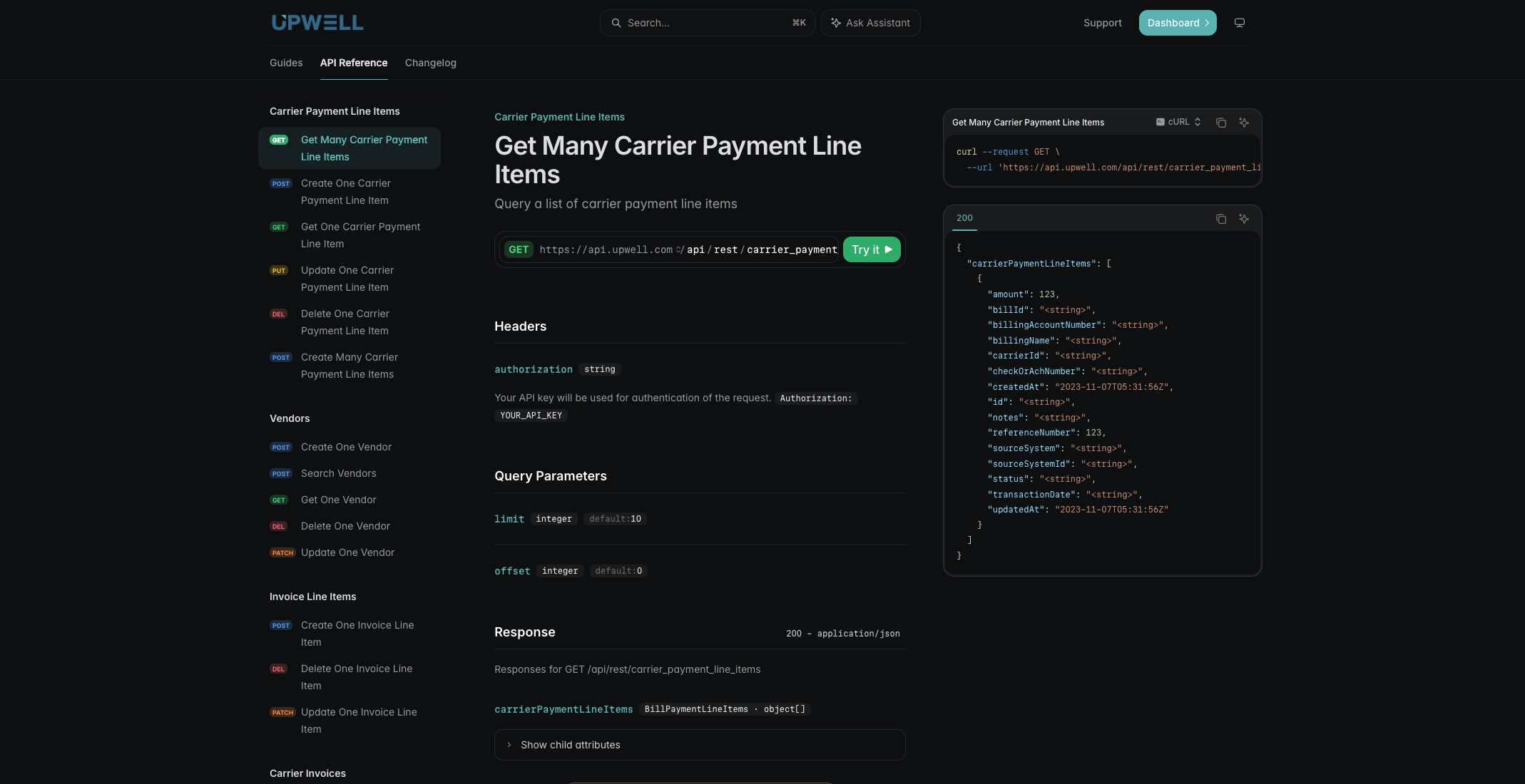 Upwell API reference with the interactive playground open on a carrier payment endpoint