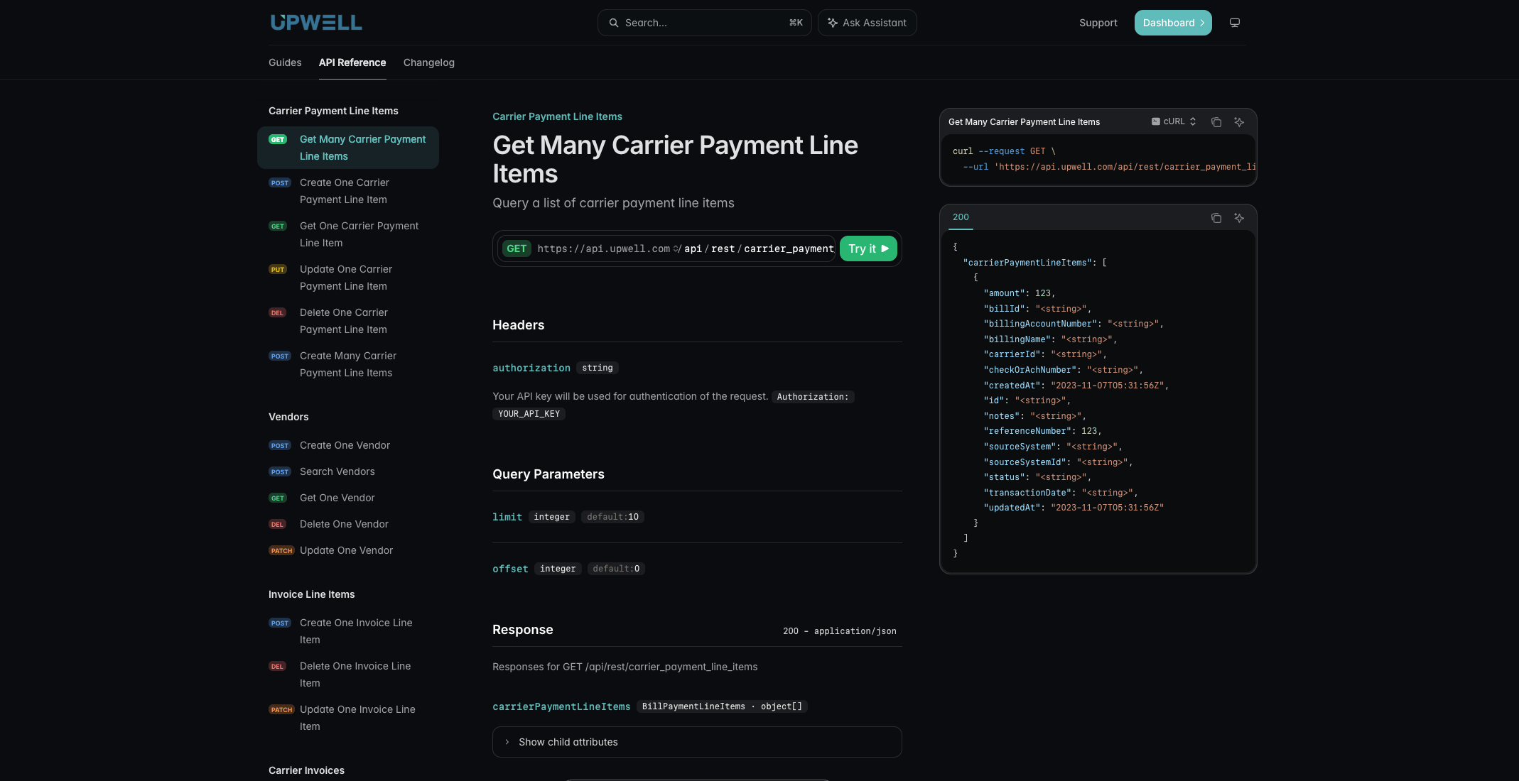 Upwell API reference with the interactive playground open on a carrier payment endpoint