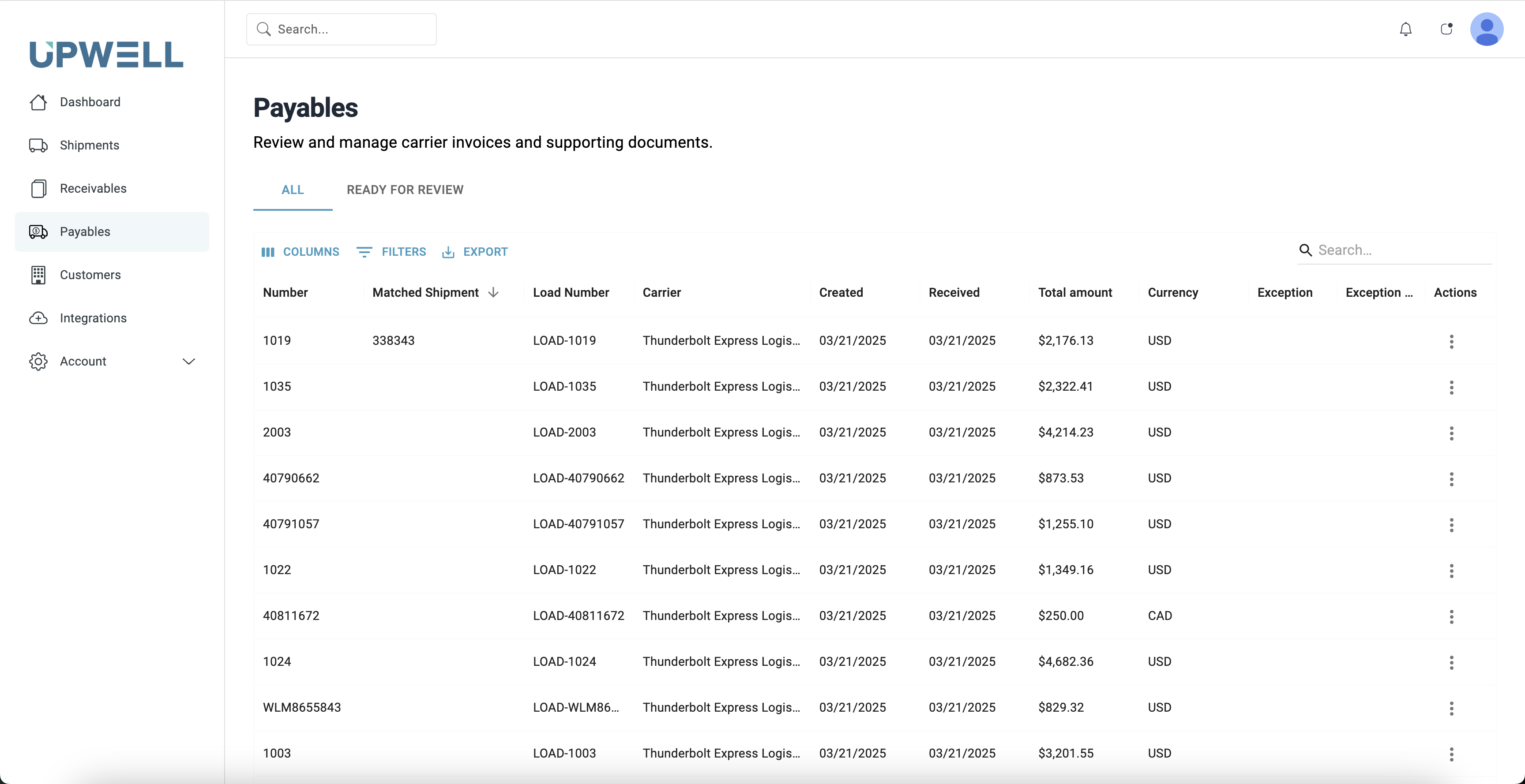 Carrier Payables Screen Interface