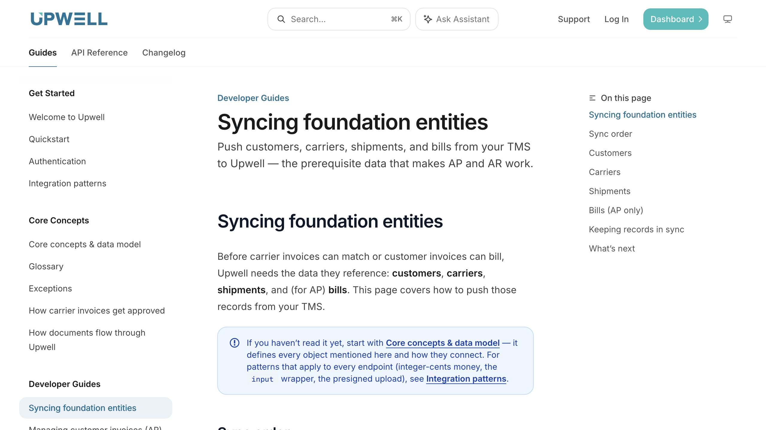 Syncing foundation entities developer guide, covering the customers, carriers, shipments, and bills every TMS integration syncs first