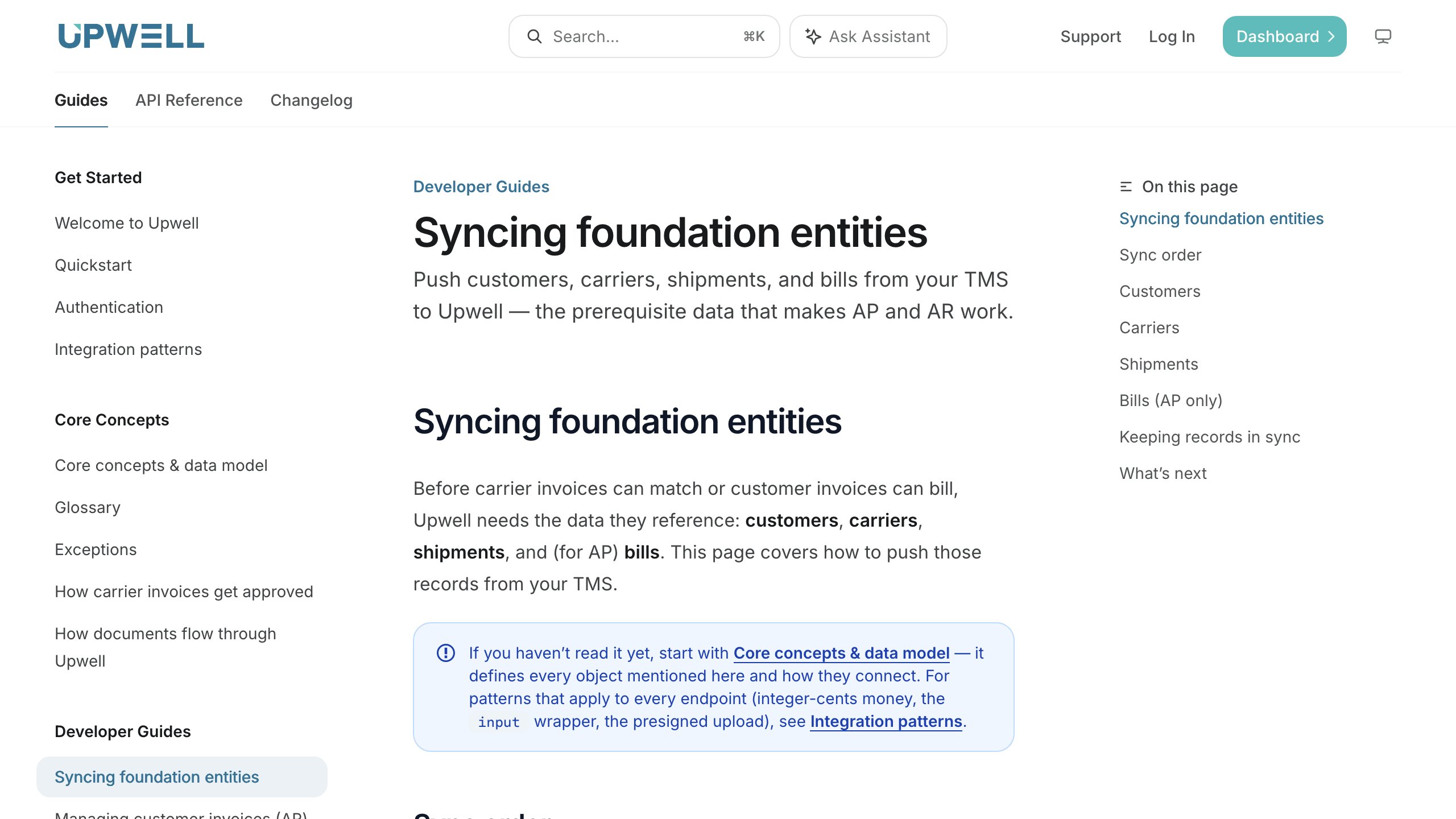 Syncing foundation entities developer guide, covering the customers, carriers, shipments, and bills every TMS integration syncs first