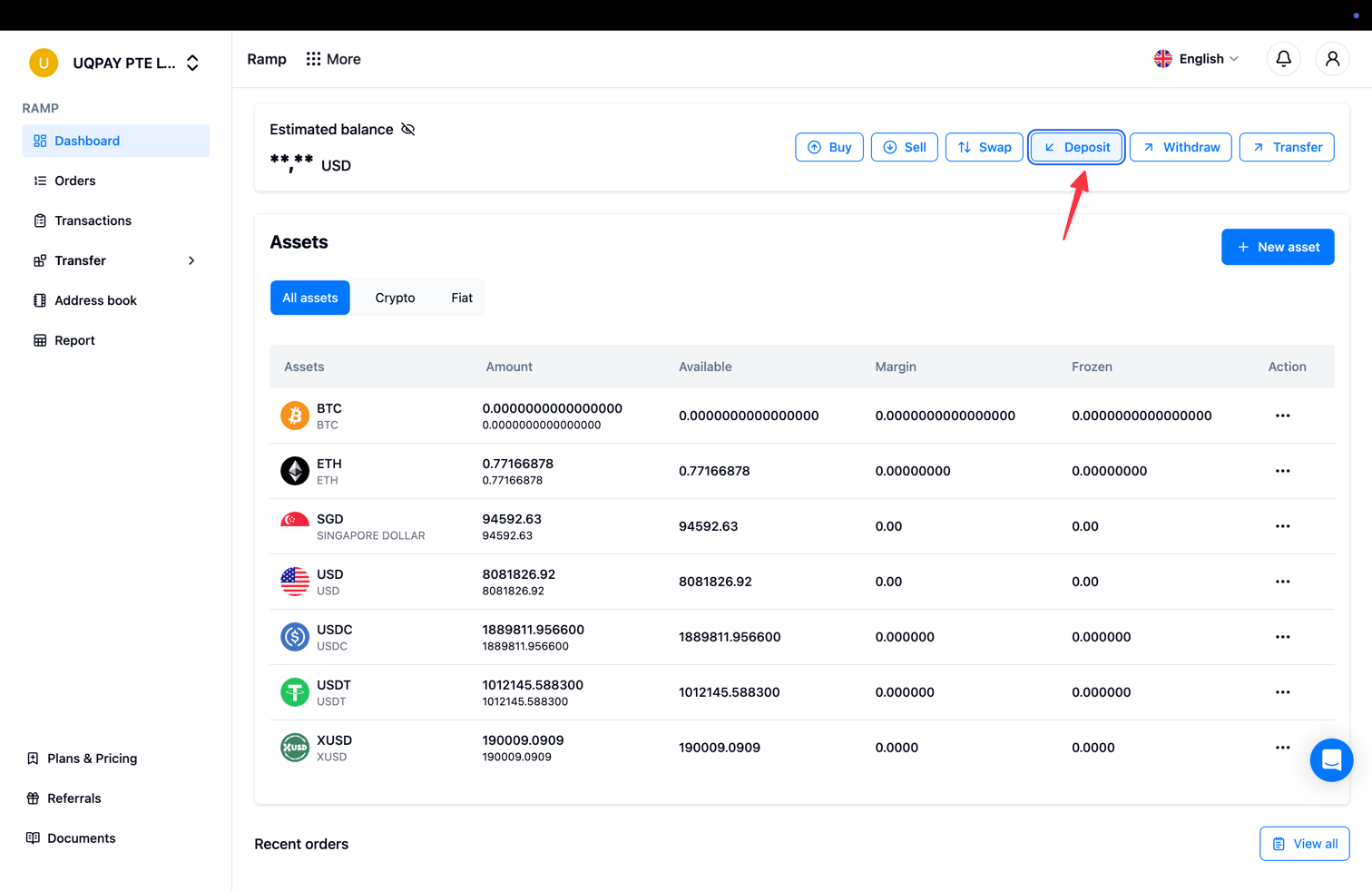 Deposit button on the Ramp dashboard