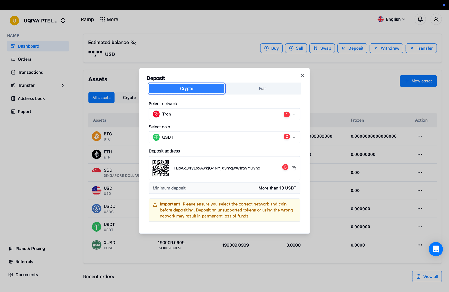 Deposit dialog showing the wallet address for the selected network and coin