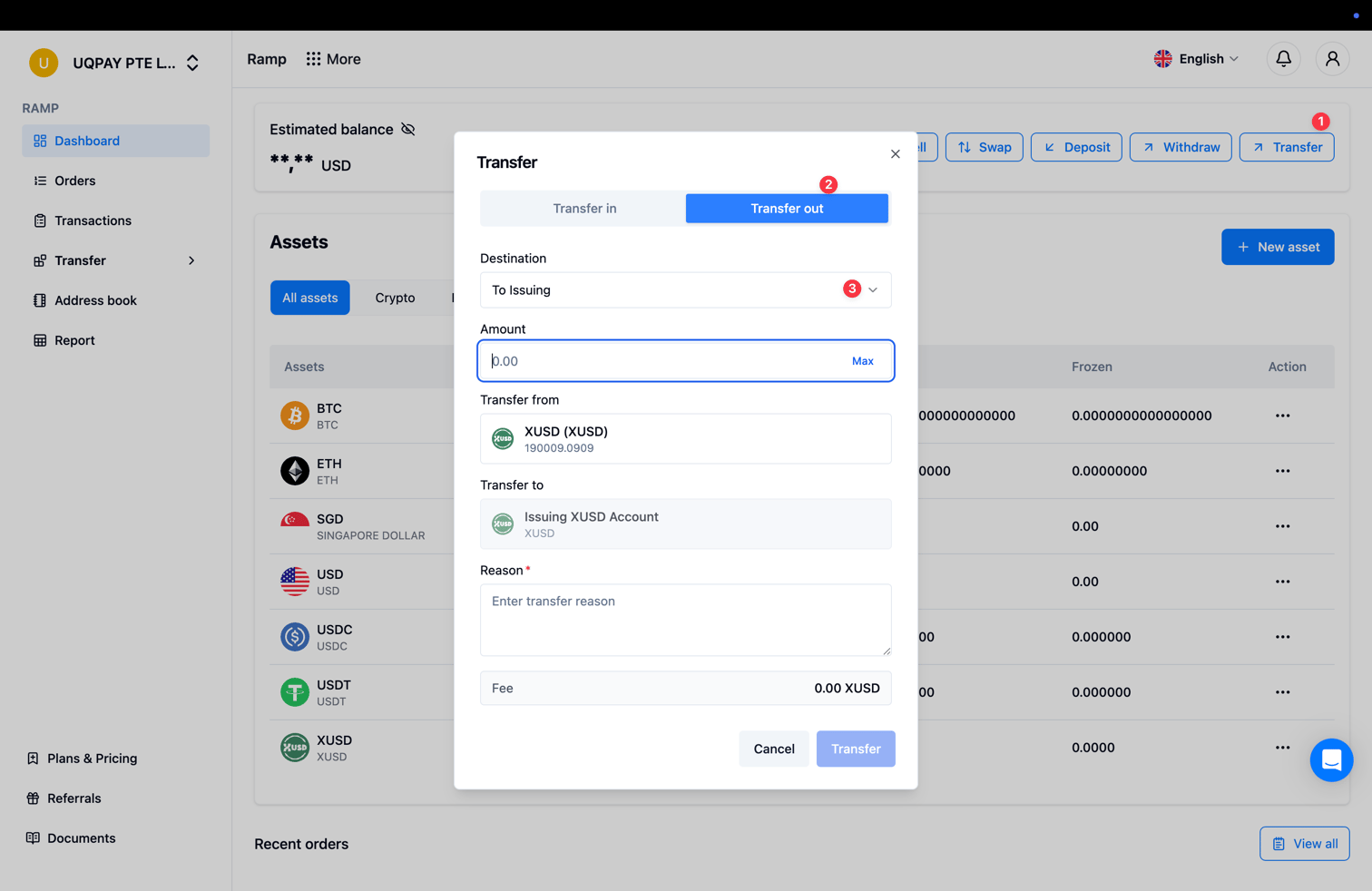 Transfer dialog with Transfer out selected and destination To Issuing