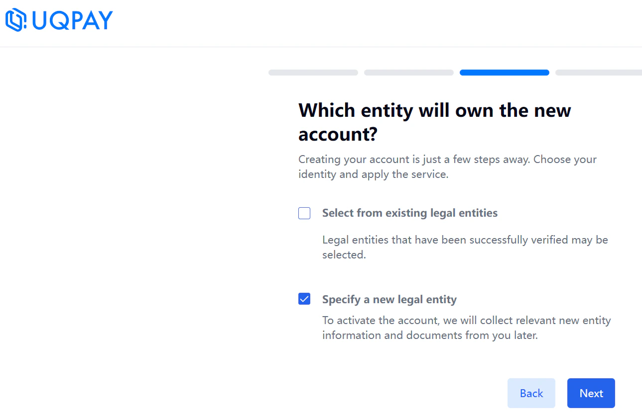 Onboarding entity type selection
