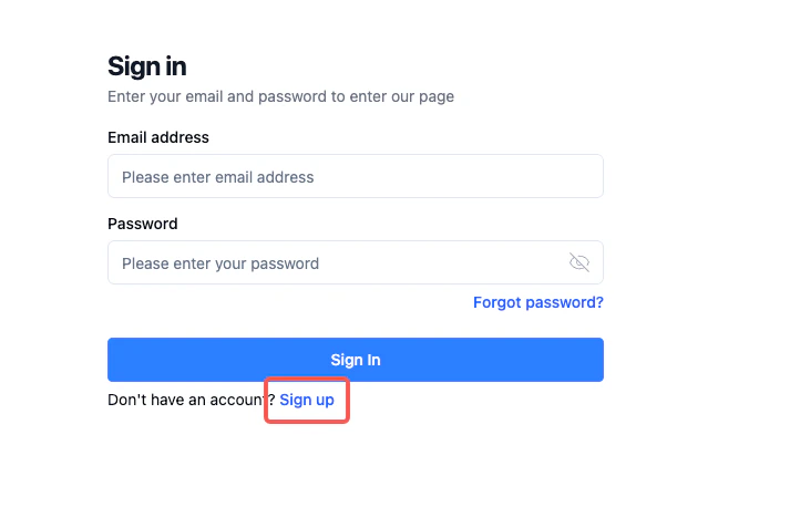 Sign up page