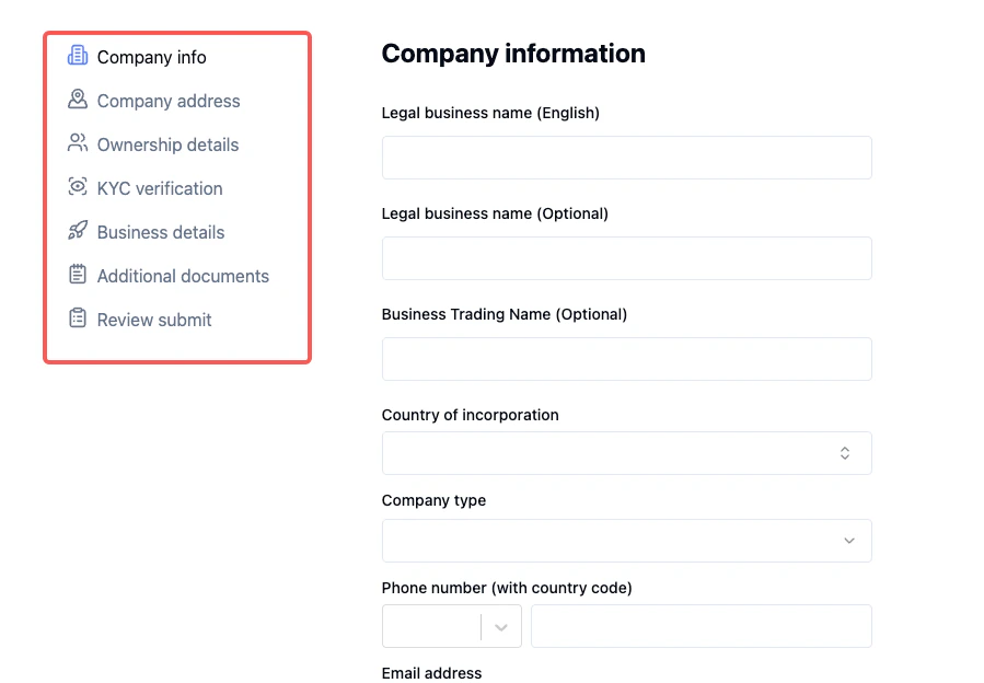 KYC form fields