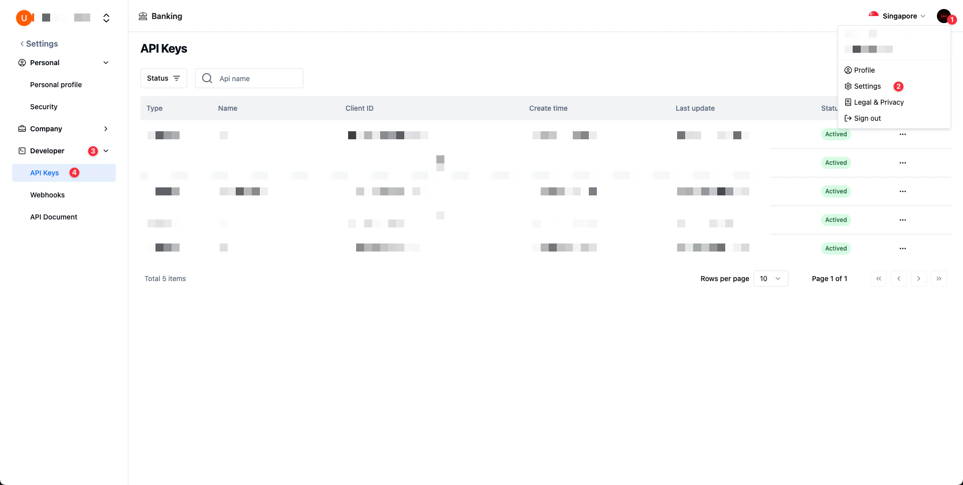 API Keys settings page