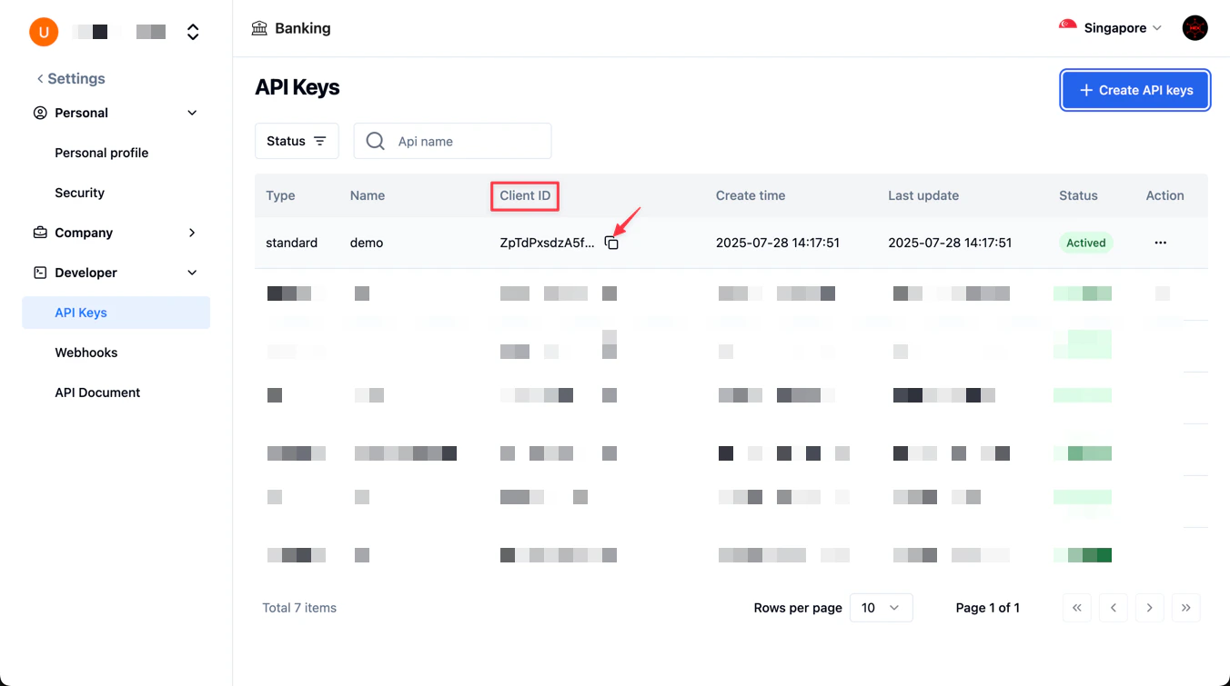 Client ID on API Keys page