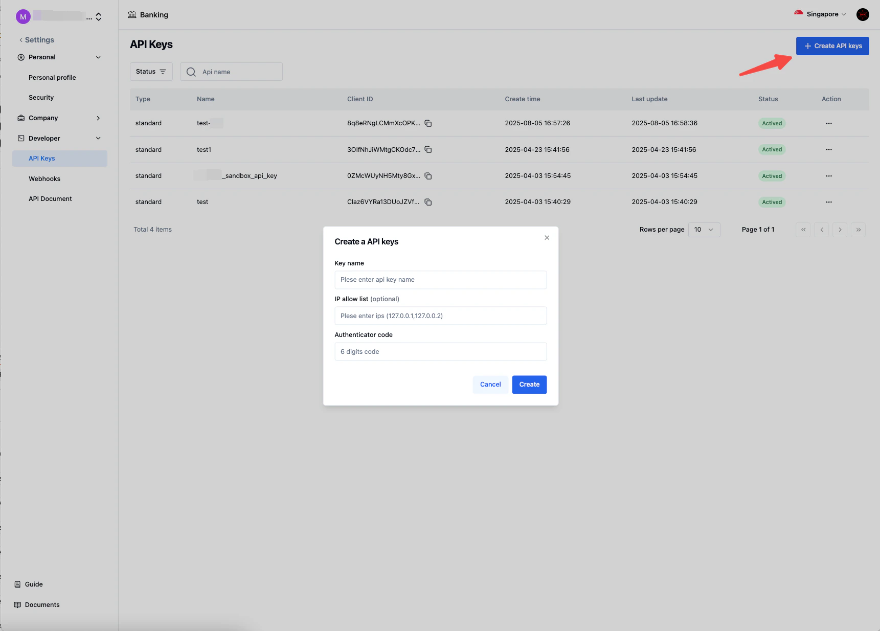 Create API Keys button